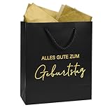 MEJOSER Geschenktüte Geburtstag Schwarz 25x21x10cm Groß Geschenktasche mit Henkel aus Papier Happy...