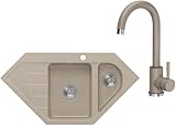 VBChome Eckspülbecken mit Armatur 95x49 cm Beige Granit 1,5 Becken 1,5 Abtropffläche Küche...