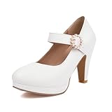 Mode Frauen T-Strap High Heels Bogen Plattform Runde Zehe Pumpen Leder Sommer Süße Schuhe（White...