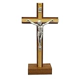 kruzifix24 Stehkreuz Standkreuz Holz Mahagoni Auflage Olivenholz Balken gerade Korpus Metall Silber...