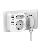 Doppelstecker für Steckdose, Mehrfachsteckdose mit 1 Typ-C(PD 20W, Schneller Aufladen) und 3 USB,...