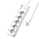 JSVER 5 Fach Steckdosenleiste mit Individuellem Schalter,Mehrfachsteckdose mit 2 USB A und 2 USB...