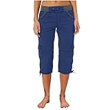 Cargohose Damen Sommer Baumwolle Capri Combat Hosen Solid Farbe Drawstring Cropped Pants Mit...