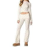 2-teiliges Frühlings-Outfit für Damen, lässig, Blumendruck, bauchfrei, lange Ärmel, Tops und...