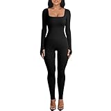 Menore Women's Yoga Jumpsuits Workout Ribbed Long Sleeve Soft Sports jumpsuits Square Neck...