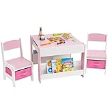 Yorbay Kindertisch mit 2 Stühle, Kindermöbel Set aus Holz mit Stauraum und Bücherregalen, 3 in 1...