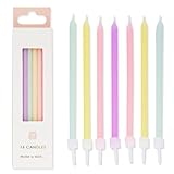 Packung mit 16 Regenbogen-Pastell Geburtstagskerzen mit Halterungen | Lang, Dünn, 10 cm | Kerzen...