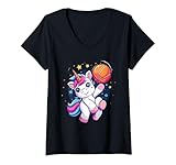 Damen Basketball-Liebhaber-Zeichnung mit süßem Einhorn-Motiv T-Shirt mit V-Ausschnitt