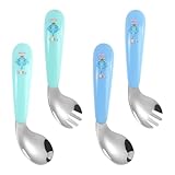Besteck Baby Set, 4 Stück Esslernbesteck ab 1 Jahr, Gebogener Griff Training Löffel Edelstahl,...