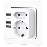 Mehrfachsteckdose mit 4 USB Ports, Mehrfachstecker für Steckdose mit 2 Fach Stecker,...