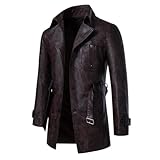 Hdhdeueh Lange Herren-Lederjacke, einfarbig, Revers, Punk, Biker-Mantel mit Knöpfen,...
