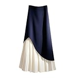 Damen French Style Plissee Midi Rock Elegant Hohe Taille A-Linie Patchwork Sommerrock, blau, L