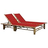 Snsowed 2-Personen-Sonnenliege mit Auflagen Bambus, Gartenliege, Liegestuhl, Sonnenstuhl,...