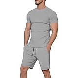Jogginganzug Herren Sommer Leichte Trainingsanzug Kurzarm T-Shirt Shorts Set 2-Teiliges Einfarbig...