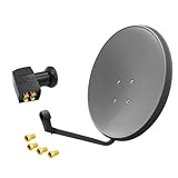 60cm HD Sat Anlage Quad LNB + 4 F-Stecker Digital 4 Teilnehmer Antenne Grau UHD 4K