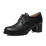 Damen Schwarze Leder Schnür - High Heel Oxfords, Klassische Blockabsatz - Kleid - Schuhe Für...