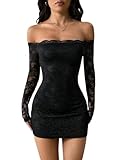 SweatyRocks Spitzenkleid Damen Elegant Langarm Minikleid Gothic Kleid Sexy Off Shoulder Kleid Mit...