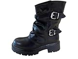 Pogolino Damen Boots Biker Stiefeletten leicht gefüttert Stiefel 573 Schwarz 40