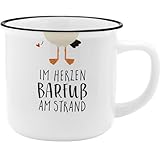 GRUSS & CO Becher mit Motiv 'Strand' | New Bone China Porzellan, Emaille-Optik, 35 cl | Lustiges...