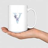 Keramiktasse mit floralem Monogramm-Buchstabe – V, einfarbig, weiß,...