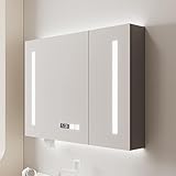 LED-Badezimmer-Spiegelschrank mit Touch-Schalter, schmal, Hängeaufbewahrung, cremeweiß und...
