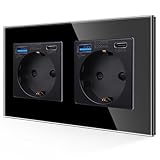 JIMEIDA Doppelsteckdose mit USB 20W in Schwarz, 16Amp Glas Steckdosen mit Schnelles Laden USB...