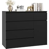 FOREHILL Kommode schwarz mit 5 Schubladen und 1 Tür Sideboard 100cm Komodenschrank für...