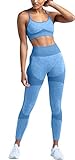 HAODIAN Damen Workout Sets 2 Stück nahtlos Slim Fit Yoga Leggings mit Sport BH Kleidung Set - Blau...