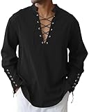 LVCBL Herren Mittelalter Hemd Herren Leinenhemd Langarm Renaissance Viking Shirts Schwarz M