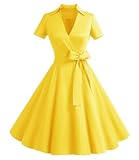 Timormode Damen Vintage Retro 1950er Cocktailkleid Rockabilly V-Ausschnitt Faltenrock Kleider Yellow...