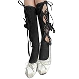 HIOPOIUYT Ausgehöhlte Krawatten Up Gurt Middle Calf Socken Punk Blumennetz Muster Bowknot Strümpfe...