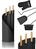 holz4home® Kaminbesteck 5-tlg. Grauschwarz mit Holzgriff inkl. Ofenhandschuh I Kaminset...