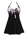 Summer Mae Damen Badekleid Neckholder Einteiliger Tankini mit Shorts Push Up Bedruckt Schwarz Rose L