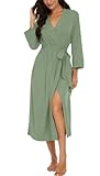 PrinStory Damen Morgenmantel V-Ausschnitt Bademantel 3/4 Ärmeln Kimono Robe Morgenrock Gestrickt...