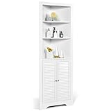 FANTASK Hochschrank Badschrank Holz, Badezimmerschrank Ecke mit 3 offenen Regalen & 2 Lamellentür,...