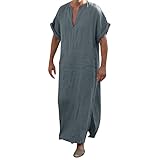 Mymyguoe Kaftan Herren Leinen Muslim Robe Seite Split Kurzarm Robe V-Ausschnitt Muslimische Dubai...