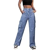 Cargo Jeans Damen High Waist Baggy Wanderhose Y2K Boyfriend Jeanshose Casual Loose Wide Leg...