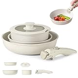 Keramik Pfannenset mit Abnehmbaren griff - 5 Stück Beige Weiße induktions Topf Set für Camping...