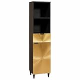 Owoxanthellate Bad-Hochschrank Schwarz-Gold 38x33x160 cm Mangoholz, 4 Regale, Schublade,...