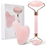 GUGUG Rosenquarz Roller und Gua Sha Stein, Natural Jade Roller for Facial Massage, Face Roller for...