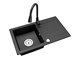 Faizee Granitspüle 75 x 44 cm Nachtschwarz – inklusive Armatur Wave in Schwarz – eckige...