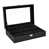 Ohuhu Uhrenbox mit 12 Fächern, Uhrenhalter Uhren Aufbewahrungsbox mit Glasdeckel, Uhren Box aus PU...