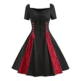 Gothic Kleider Damen Kurzarm, Steampunk Kleid Damen mit Schnürung, Mittelalter Renaissance Kleidung...