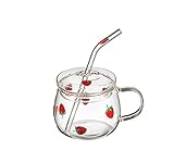 Erdbeerglasbecher mit Trinkbecher mit Deckel, Borosilikatglas, Wasserbecher,...