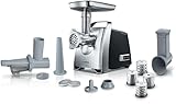 Bosch Fleischwolf MFW68660, Wurstausfatz, Reibe mit 4 Raspeln, 3 Edelstahl Lochscheiben (3, 4,8,...