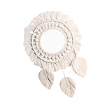 DIYEAH Boho Baumwollseil Wandspiegel Beige Runder Gewebter Spiegel mit Holzperlen Makramee Wanddeko...