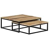 Runheo Satztische 2-STK. Mango Massivholz, Industrie-Design, Schwarz-Pulverbeschichtetes...