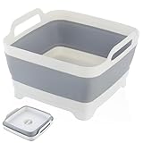 Spülschüssel Faltbar, 10L Waschbecken Camping mit Ablauf, Abwaschschüssel Camping, weiß-grau