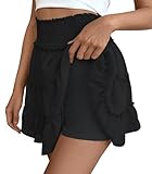 Adigaber Damen Mini Tüll Rock Einfarbiger Hoher Taille Rock Rüschenrock mit Kurzen Hosen