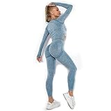 QIUNI Trainingskleidung für Frauen Nahtlose High Hip Lift Yoga Set Slim Fit Long Sleeve Crop Top...